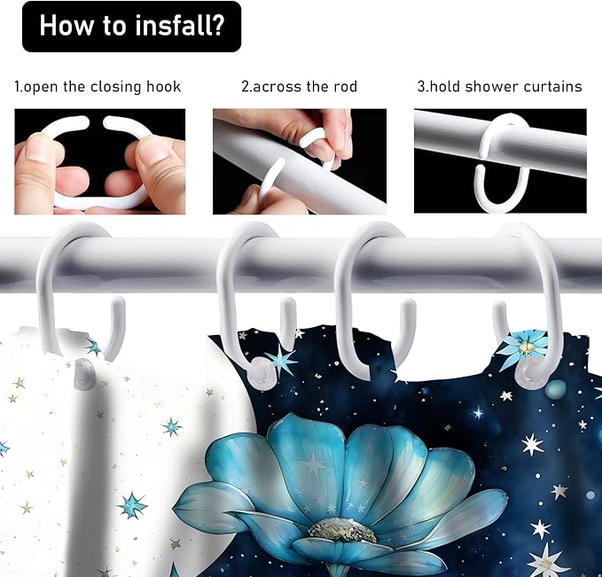 AZHM Blue Moonlit Floral Shower Curtain Set 4 PCS Starry Night Botanical Bathroom Decor Set with Non-Slip Rugs, Toilet Lid Cover and Bath Mat