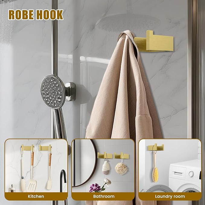 4 Pcs SUS304 Stainless Steel Bathroom Accessories Set, 24" Towel Bar, Towel Holder, Toilet Paper Holder, Robe Hook, Minimalist Design for All Styles Bathrooms (Gold)