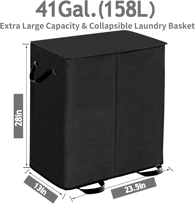 Double Laundry Hamper with Lid and Removable Bags, Laundry Basket 2 Section, Double Hampers for Laundry, Large Divided Hamper, Dual Laundry Hamper 2 Section with Handles Dorm 140L Black