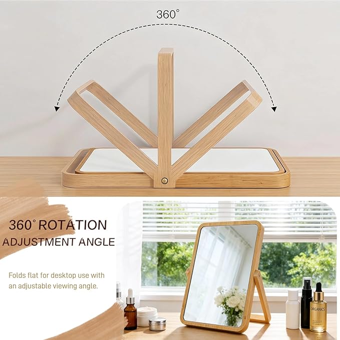 Tumecos Folding Bamboo Vanity Mirror, Tabletop Makeup Mirror, Adjustable HD Rectangle Mirror with Sturdy Stand, Natural Bamboo Frame for Bathroom, Bedroom, Dressing Room,Gift,S