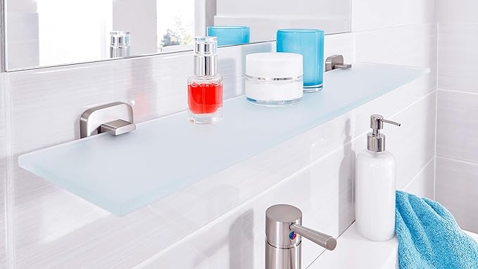 tesa ESTEETIC Glass Shelf - Self-Adhesive Frosted Glass Shelf for Bathroom Utensils - Waterproof, incl. Power.Kit Adhesive Solution - 50 mm x 600 mm x 123 mm