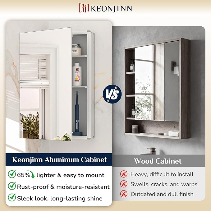 Keonjinn 16 x 24 Inch Medicine Cabinet, Bathroom Medicine Cabinet with Mirror, Lightweight Aluminum Structure, Assembly Required, in Wall or Wall Mount, Adjustable Shelves, Tempered Glass