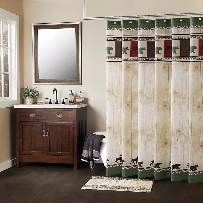 Long Fabric Shower Curtain, Bear Shower Curtain, Cabin Lodge Shower Curtains for Bathroom, Waterproof Bathroom Curtains, 72" W x 78" H