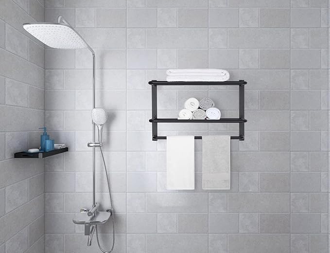 Towel Rack for Bathroom, DEWVIE 23 Inch Tower Holder with Tower Bars, SUS 304 Stainless Steel Lavatory Bath Towel Shelf Towel Hanger Wall Mount, 3-Tier (Matte Black)