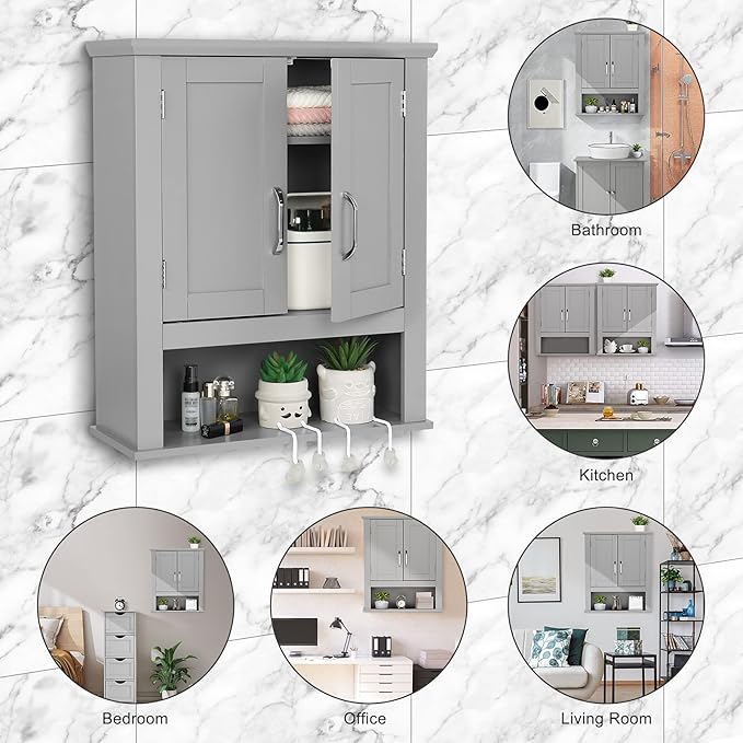 VINGLI Medecine Cabinet with 2 Doors Bathrooom Wall Cabinet Grey Over The Toilet Storage Towel Cabinet 1 Adjustable Shelf Wooden Hanging Organizer Bathroom Furniture