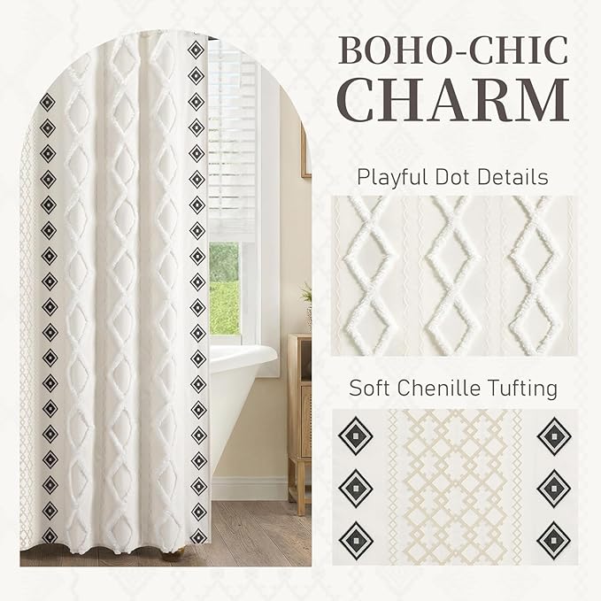 Boho Shower Curtain for Bathroom Cotton Fabric with Striped Print,White 72" W x 72" L
