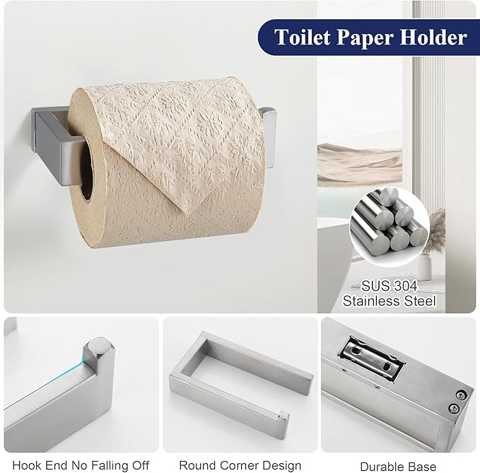3 Pieces Brushed Nickel Bathroom Hardware Accessories Set,SUS304 Stainless Steel Towel Holder Set Towel Holder Robe Hook Toilet Paper Holder Wall Mounted