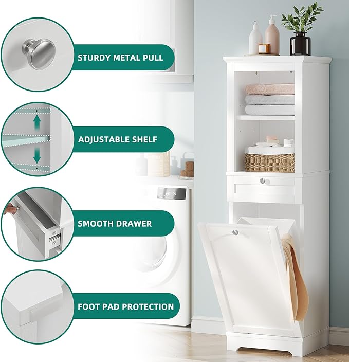 YITAHOME 53" Tall Tilt-Out Laundry Storage Cabinet, Hidden Hamper with Adjustable Shelves, Removable Basket & Sturdy Wooden Design for Bathroom or Laundry Room Organization, White