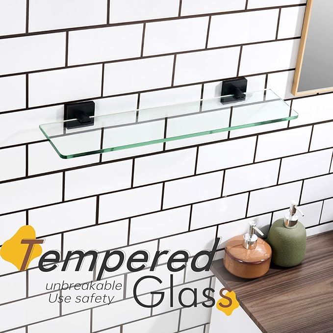 KOKOSIRI Bathroom Shelves Wall Mounted Tempered Glass Floating Shelf 20-Inch Kitchen Hanging Rack Shower Storage, Matte Black Stainless Steel B1107BK-L20