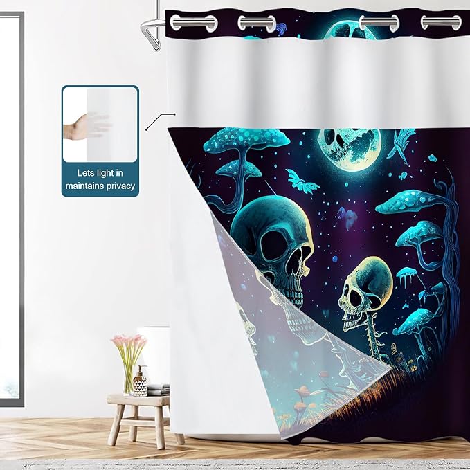 Shrahala Happy Halloween Funny No Hooks Shower Curtain with Snap in Liner Set, Skeletons Grass Mushrooms Starry Sky Bathroom Décor Polyester Fiber Waterproof for Stall Bathtubs 54 x 80 in