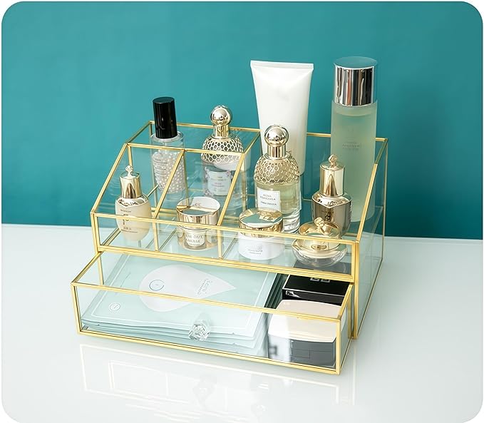 JIARI Glass Makeup Organizer with Drawer, Gold Brass Frame Jewelry Display Box, Nordic Style Cosmetic Storage for Vanity Bathroom Bedroom Office, 9.44x5.43x4.92 Inches (Storage Box-2 Tier)
