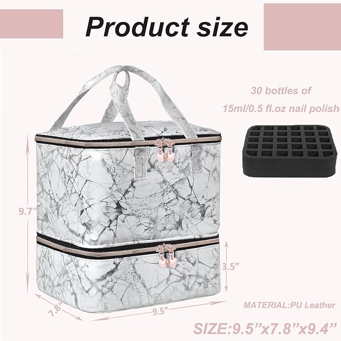 FCQQYWZ Nail Polish Organizer Case - Holds 30+ Bottles (15ml/0.5 fl.oz) and 1 Nail Lamp, Upgraded Double-layer Nail Polish Carrying Case Nail Polish Storage Bag with Handles (WHITE)