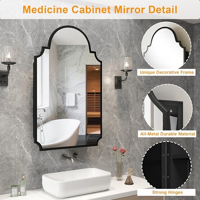 Black Decorative Medicine Cabinet Mirror, 20"x32" Recessed or Surface Mount Metal Irregular Medicine Cabinet for Bathroom, Elegant Curved Aesthetics Mirror with Storage, 2 Stable & Removable Shelves