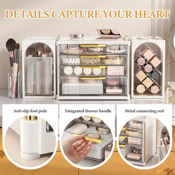 4-Tier Drawer Makeup Organizer, 3-in-1 Free Combination Cosmetic Storage with Lipstick Holder & Brush Rack, Skincare Organizer with Mini Tray for Vanity Bathroom Bedroom Dorm