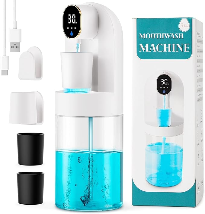 Automatic Mouthwash Dispenser for Bathroom, 21.12 oz Touchless Smart Mouth Wash Dispensers Bathroom Accessories Set with 4 Magnetic Cups, 4 Modes Wall Mounted Mouth Wash Dispenser for Home & Kids