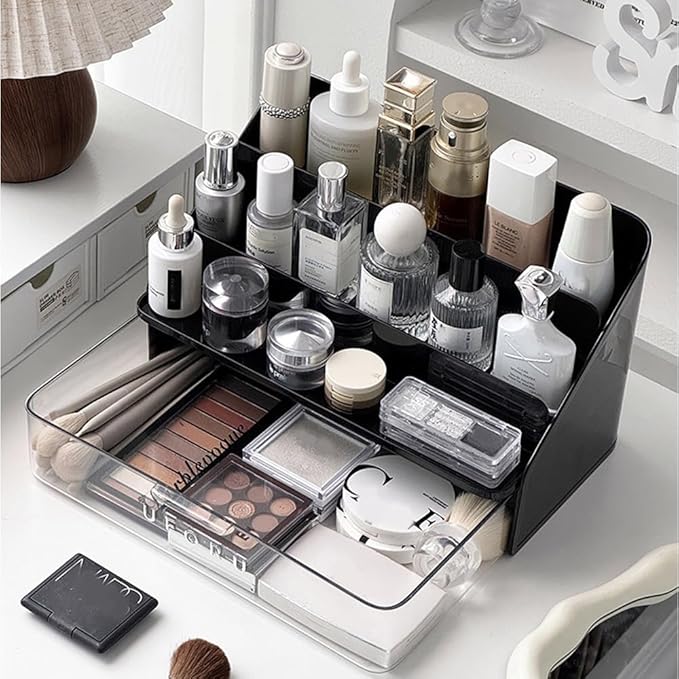 Cologne Holder with Clear Drawer - 3-Tier Black Fragrance Display Stand for Men, Cosmetic Storage Rack, Space-Saving Perfume Organizer for Bathroom Counter & Dresser/Vanity