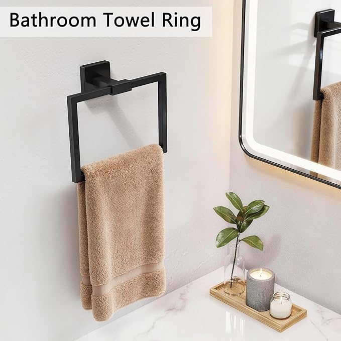 CHJgroup Hand Towel Holder for Bathroom Wall, Square 180?? Swivel Towel Ring Stainless Steel Heavy Duty Black Towel Hanger for Bath, Kitchen