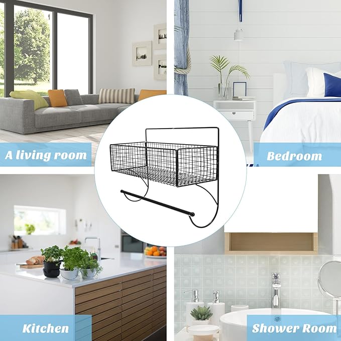 STOBAZA Wall-Mounted Bathroom Rack with Rod, Black Iron Multi-Function Storage Shelf for Toilet and Kitchen, Draining Hanging Holder for Space-Saving Household Organization