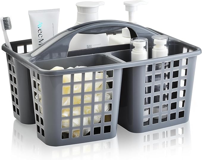 ALINK Plastic Shower Caddy Basket with Compartments, Portable Divided Cleaning Supply Storage Organizer with Handle for College Dorm Bathroom - Gray