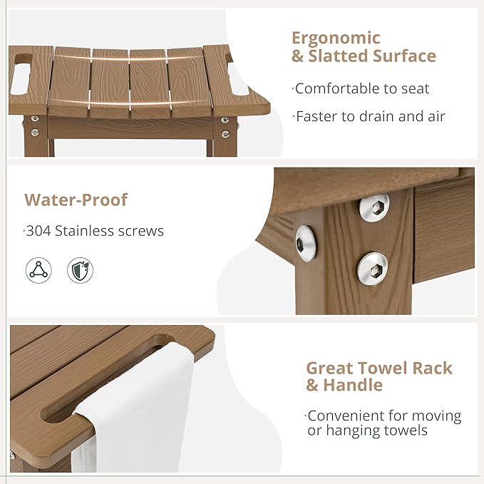 LUE BONA HDPS Shower Bench Seat with Shelf, Brown Shower Stool for Inside Shower Waterproof, Bath Shower Stool Chair for Spa Bathroom, Weather Resistant/Non-Slip/Handles/Indoor or Outdoor Us