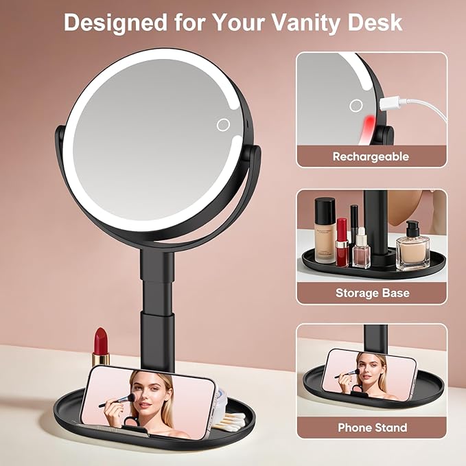 Lighted Makeup Mirror with 10X Magnification, Rechargeable LED Magnifying Vanity Mirror with 3 Lights, Adjustable Height, Storage Base and Phone Holder, Black, 7 inch