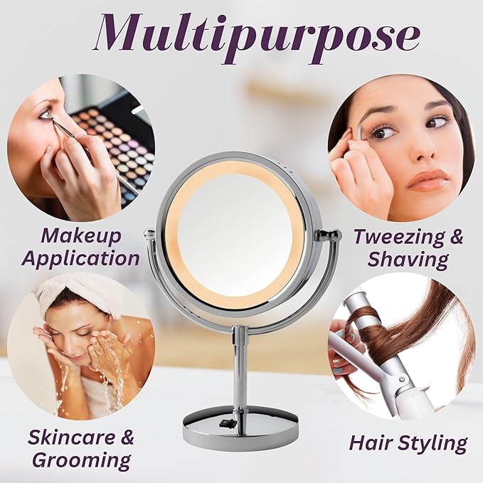 JERDON LED Lighted Makeup Mirror - 5X Magnifying Tabletop Vanity Mirror for Makeup, Skincare, & Grooming - 8.5" Chrome Finish, 360° Swivel, Built-in Outlet - Model HL745CO