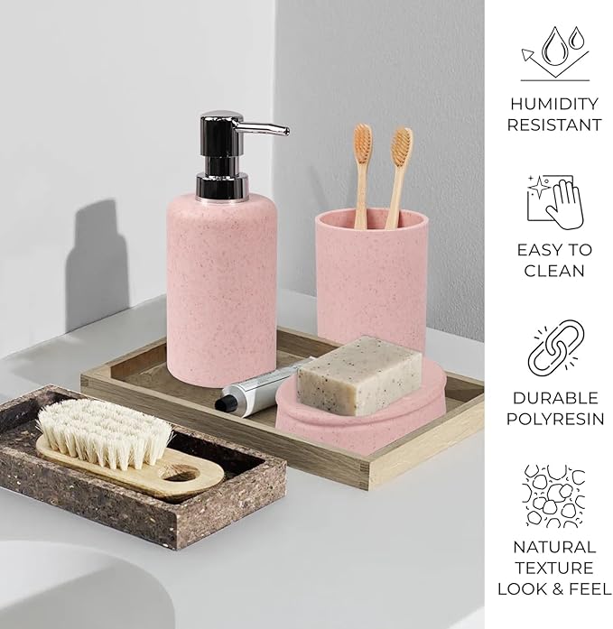 CERBIOR Bathroom Accessories Set 6 Piece Wheat Straw Bath Ensemble Includes Soap Dispenser, Toothbrush Holder, Toothbrush Cup, Soap Dish for Decorative Countertop and Housewarming Gift (Pink)