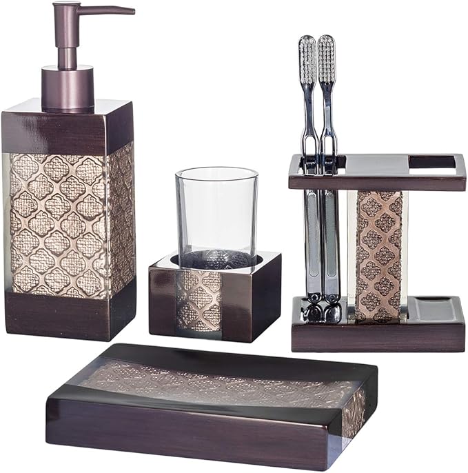 Creative Scents Dahlia 4-Piece Brown Bathroom Accessories Set Complete - Luxury Resin Bath Decor Includes Soap Dispenser, Toothbrush Holder, Tumbler & Soap Dish - Modern Brown Textured Design