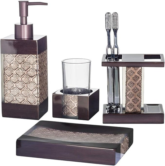 Creative Scents Dahlia 4-Piece Brown Bathroom Accessories Set Complete - Luxury Resin Bath Decor Includes Soap Dispenser, Toothbrush Holder, Tumbler & Soap Dish - Modern Brown Textured Design