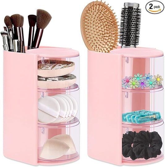 2 Pack Hair Accessories Organizer with Hair Brush Holder, 3-Tier Clear Rotatable Drawer Makeup Sponge Holder, Bathroom Qtip Cotton Swab/Pad/Ball Dispenser Jewelry Box (Pink)