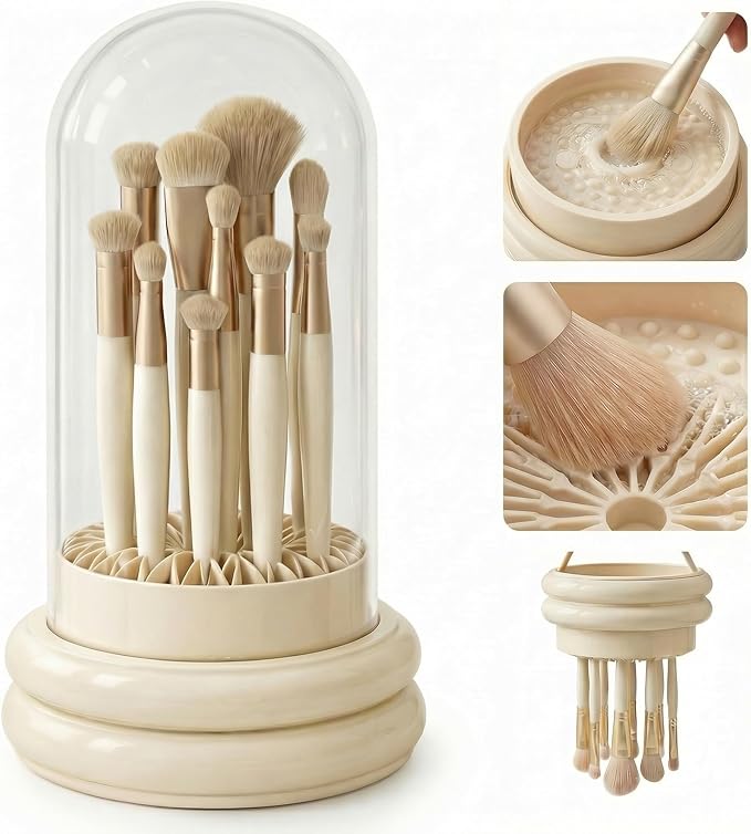 Makeup Brush Cleaner & Dust-Free Storage Holder for Vanity, Coarse & Fine Bristles Cleaning, Covered Air-Dry Cup