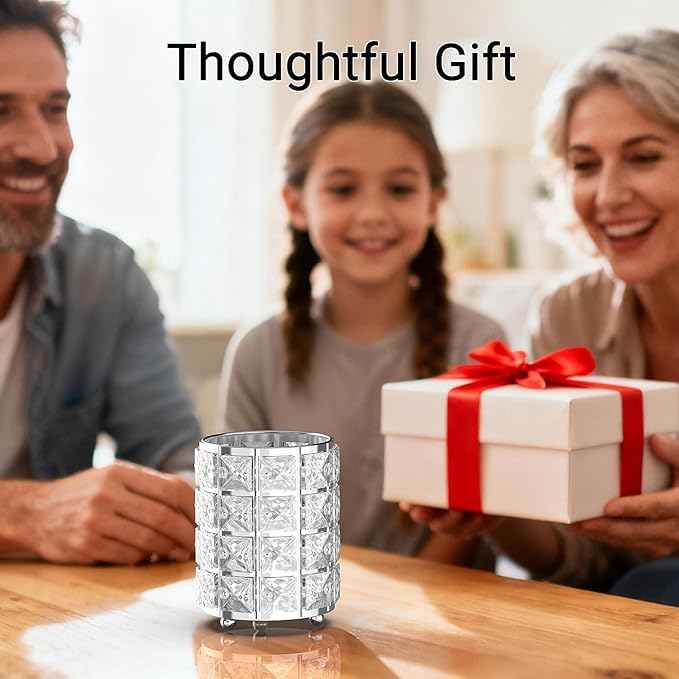 LUGUNU Makeup Brush Holder with Silver Crystal Bling ?€? Elegant Vanity Organizer for Brushes, Pens & Pencils, Ideal for Bathroom or Office Countertop(1Pack)