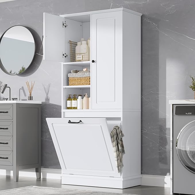 Virubi Tall Laundry Cabinet with Tilt Out Hamper, Wood Tall Laundry Room Cabinets with Doors, and Adjustable Shelves, for Bathroom Storage Organization, Freestanding, White