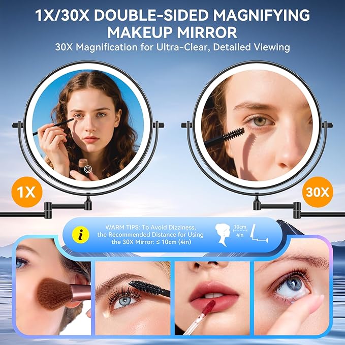 9'' 30X/1X Wall Mounted Lighted Makeup Mirror, 5000mAh Rechargeable Double-Sided Magnifying Mirror with Light, Vanity Bathroom Mirror Touch Dimmable 3 Colors 360° Rotation Extended Arm, Power Adapter