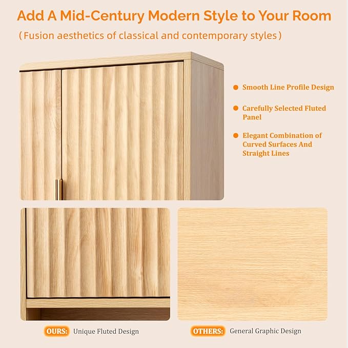 VINGLI Fluted Modern Medicine Cabinet,Bathroom Wall Cabinet Over Toilet Storage, Upper Floating Countertop Storage for Bathroom, Laundry Room,Small Hanging Kitchen Wall Cabinets (Natural Oak Color)