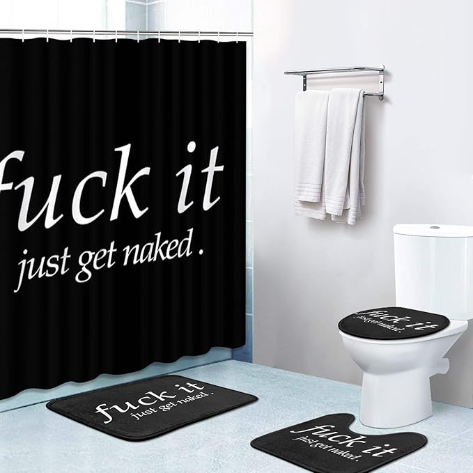 Britimes 4 Piece Shower Curtain Sets with 12 Hooks, Fuck It Just Get Naked with Non-Slip Rugs, Toilet Lid Cover and Bath Mat for Bathroom Decor Set 72" x 72"