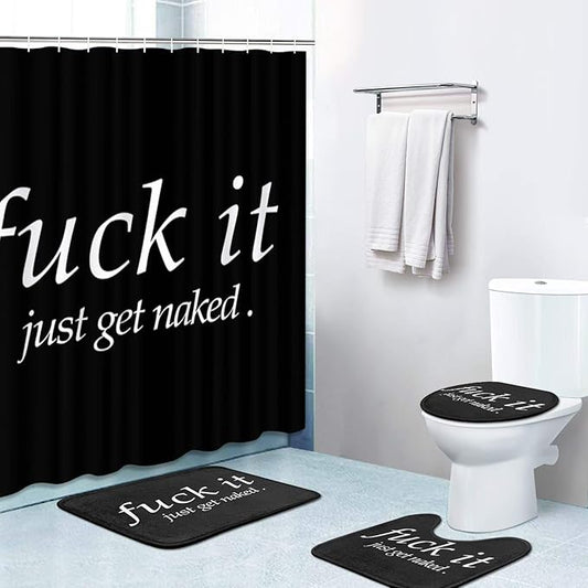 Britimes 4 Piece Shower Curtain Sets with 12 Hooks, Fuck It Just Get Naked with Non-Slip Rugs, Toilet Lid Cover and Bath Mat for Bathroom Decor Set 72" x 72"
