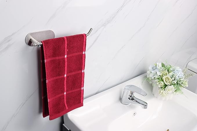 TocTen Stainless Steel Hand Towel Bar, No Drilling Stick on Wall, Strong Self Adhesive Towel Rack/Hanger for Bathroom Kitchen (Brushed, 2 Pack)