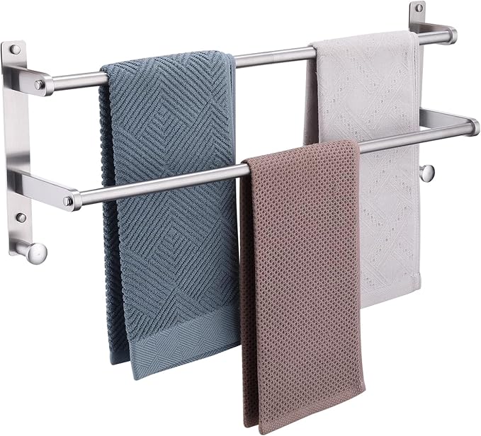 24-Inch Double Towel Bar with Hooks, Brushed Stainless Steel Bathroom Towel Rack - Wall Mounted Towel Holder