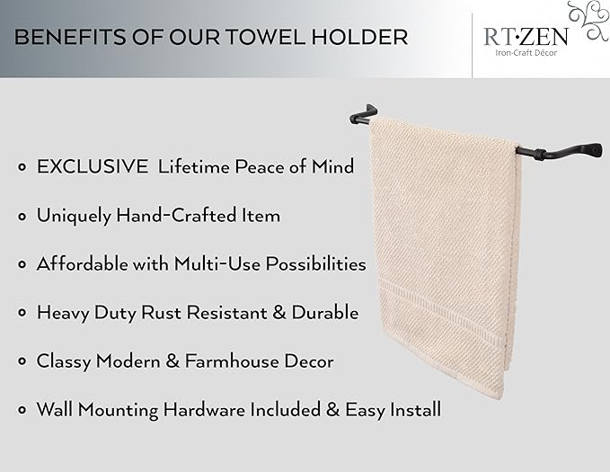 RTZEN Farmehouse Bathroom Towel Holder - Wrought Iron Matte Metal Black Towel Bar Wall Mount Rod - Handmade Home Decor Metal Kitchen Hanger Bar (17'' - Fits 14.5 Inch Towels)