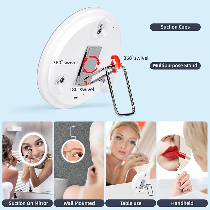 20X Magnifying Mirror w/ Light，Lighted Magnifying Mirror w/ 3 Suction Cups & 360° Stand，Rechargeable 3 Colors Dimming Vanity Mirror，6inch Large Tabletop Makeup Mirror w/ Tweezers & Scissors