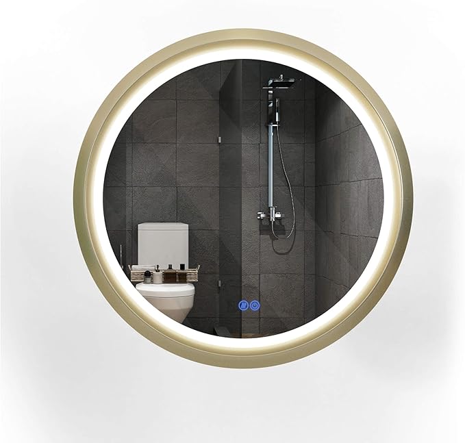 24 Inch Round LED Mirror for Bathroom, Gold Metal Frame Lighted Vanity Mirror with 3 Color Modes, Touch Dimmer - Anti-Fog Wall Mounted Circle Mirror with Lights - Fab Glass and Mirror