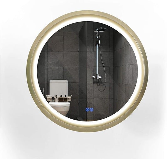 24 Inch Round LED Mirror for Bathroom, Gold Metal Frame Lighted Vanity Mirror with 3 Color Modes, Touch Dimmer - Anti-Fog Wall Mounted Circle Mirror with Lights - Fab Glass and Mirror