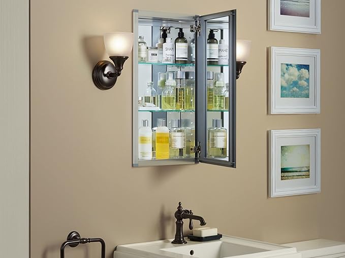 Kohler CB-CLC1526FS Frameless Bathroom Mirror Medicine Cabinet, Single Door, Rectangular Beveled Edge Frame, Bathroom Cabinet Mirror, Adjustable Shelves, 15 in. W x 26 in. H