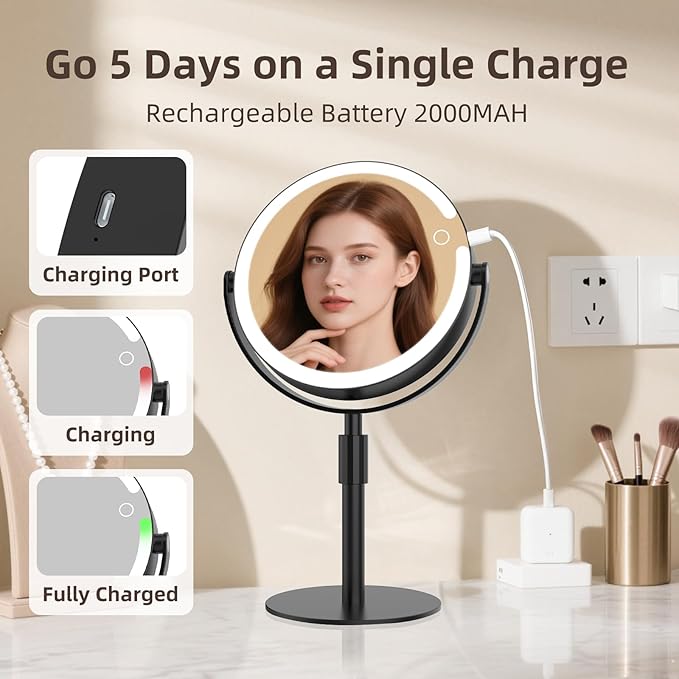 FRANO Makeup Mirror with Lights, 8" Double Sided 1x/10x Magnifying Vanity Mirror with 3 Color Lights, Rechargeable, 360° Rotation and Adjustable Height, Gift for Women Her