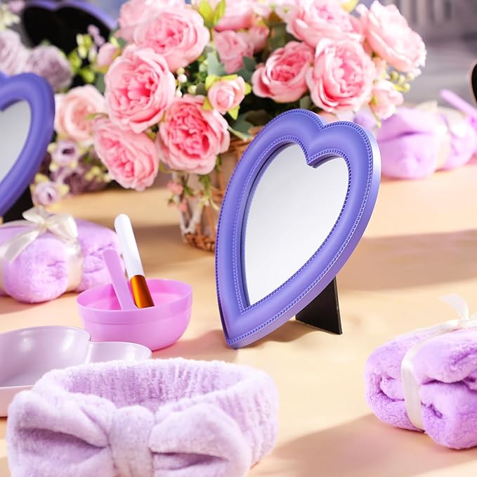 GlikCeil 8 Pcs Spa Party Supplies 8 Heart Shaped Mirror Purple for Sleepover Party Favors Makeup Mirror for Spa Slumber Birthday Favor