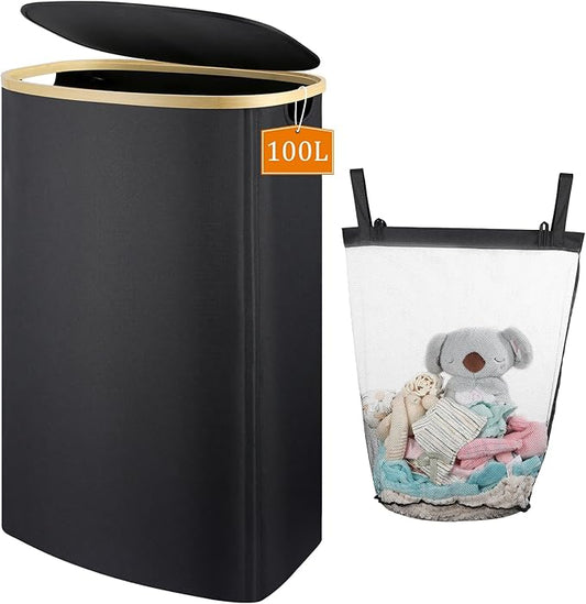Laundry Hamper with Lid, 100L Clothes Hampers for Laundry with Bamboo Handles and A Removable Bag, Fordable laundry Basket with Lid for Bathroom, Bedroom, Dorm, Laundry Room