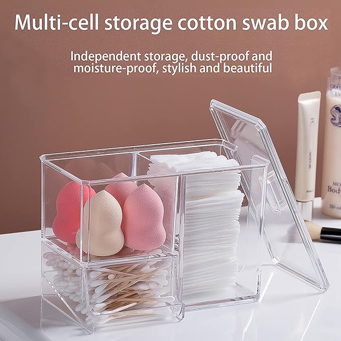 Cotton Buds Organizer - 3-Grid Q-tip Dispenser, Acrylic Crystal Clear Storage Box with Lid, Cosmetic Canister Case