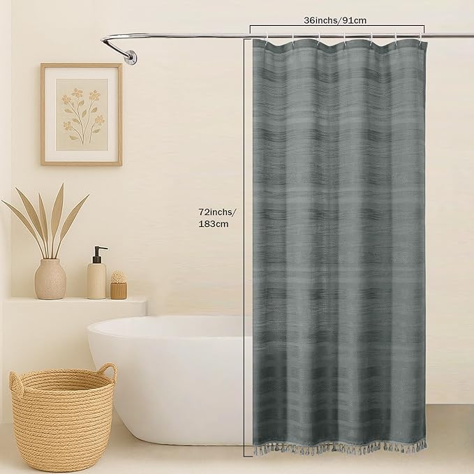 OVZME Small Stall Shower Curtain - Linen Textured Bathroom Curtain with Boho Tassel, Heavy Duty Farmhouse Bath Decor for RV Camper, Machine Washable, 36Wx72L Inches, Light Grey