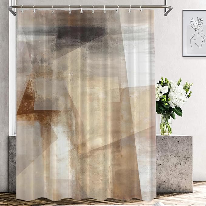 Shrahala Brown and Beige Abstract Art Painting Shower Curtain, Brushstrokes Abstract Brush Painting for Bathtubs Bathroom Decor Waterproof 60x72 Inch